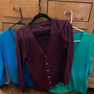 GAP - 3 button down cardigans (Medium) burgundy, bright blue and Kelly green